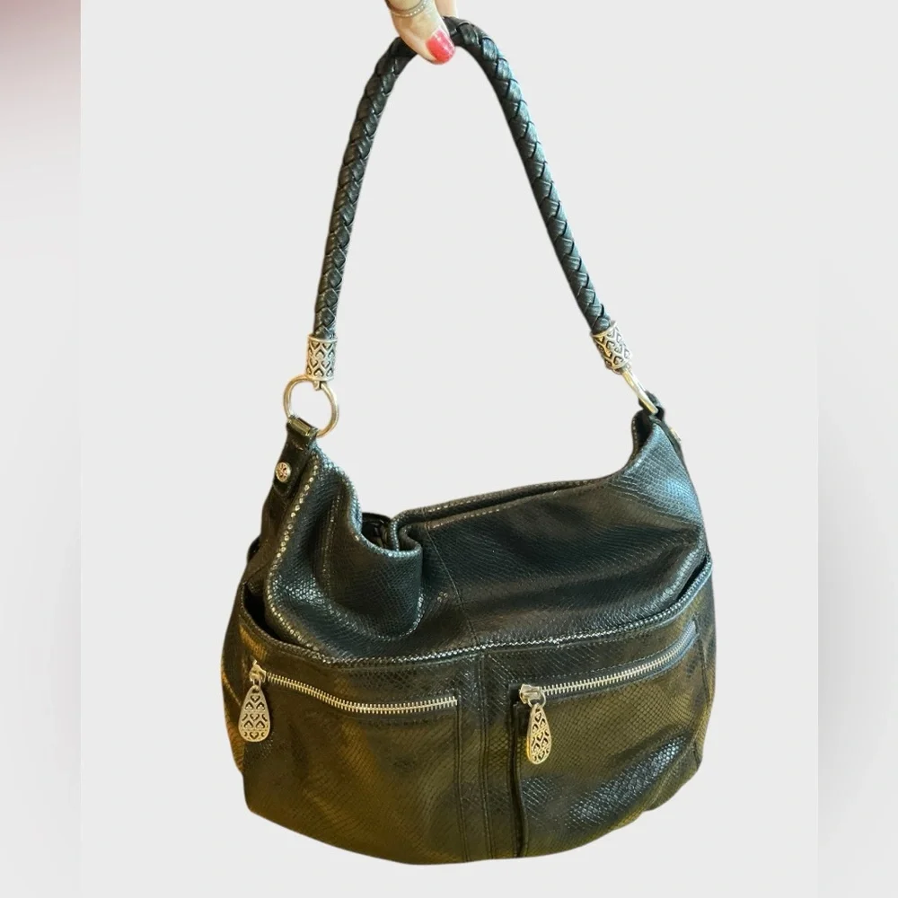 Brighton Black Leather Hobo Bag Snakeskin Embossed Silver Heart